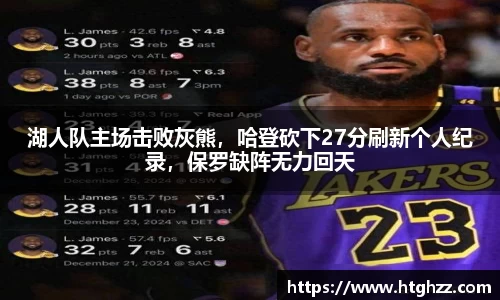 湖人队主场击败灰熊，哈登砍下27分刷新个人纪录，保罗缺阵无力回天